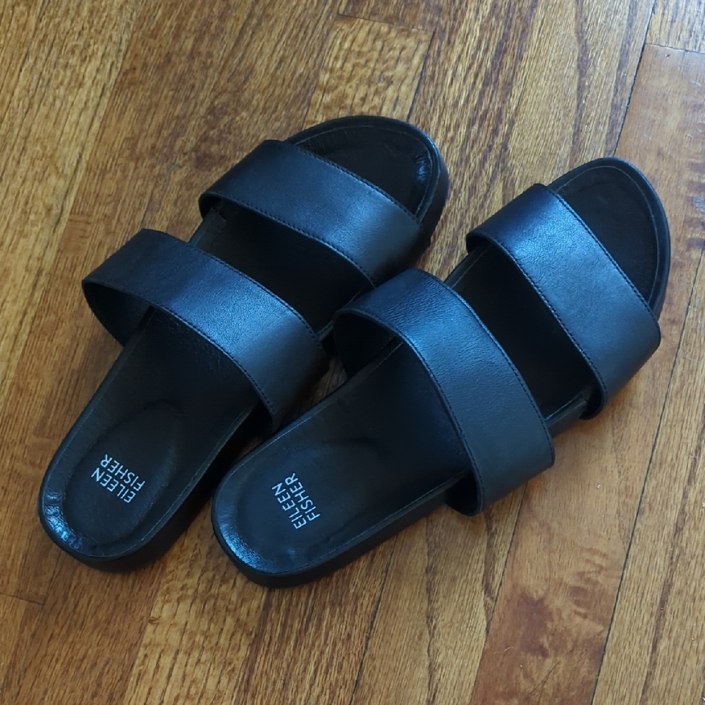 Eileen Fisher Women's 8.5 Black Leather Slide Sandals
